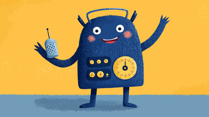 A happy, furry, blue character with a round body holds a utensil and has a clock