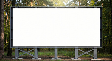 Fototapeta premium Large outdoor advertising billboard with a blank white screen surrounded by green trees, perfect for mockups and displaying your brand message or promotional content
