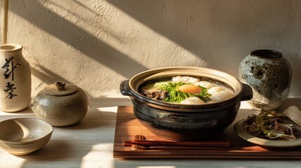 Sukiyaki hot pot dish with fresh ingredients