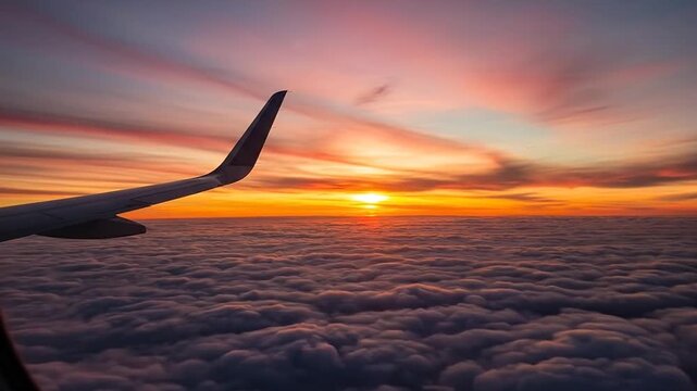 Dramatic Golden Hour Sunset Above Clouds From Airplane Window with Copy Space