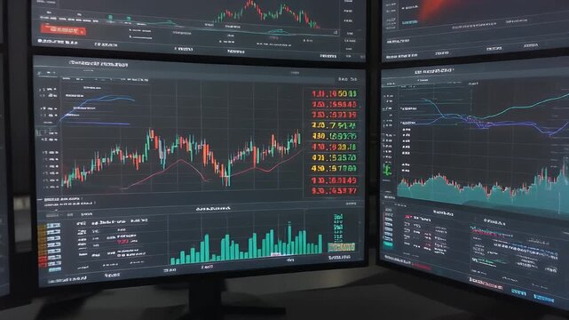 A multi-screen setup displaying financial data with colorful, fluctuating line graphs and numerical data. Displays are dark with complex information
