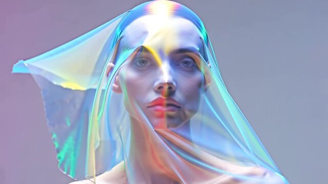 4K stock video, translucent silk veil layered over model face, flowing slowly, interacting reflective glass panels, rainbow light dispersion, abstract dynamic reflections cinematic glow, high-end