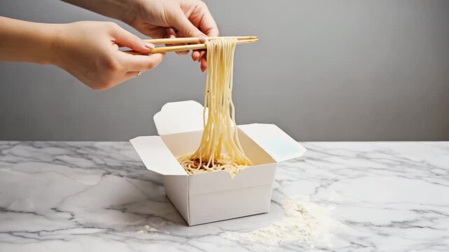 person lifting noodles from a takeout container with chopsticks
