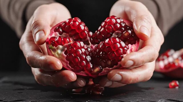 Close-up of a person's hands holding a cut-open pomegranate with vibrant red seeds on a dark surface