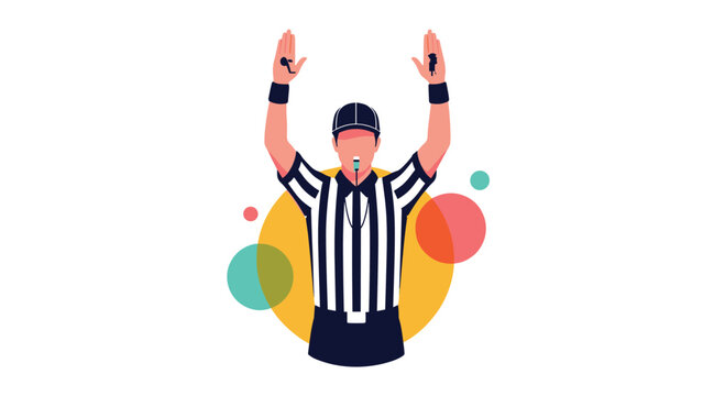 Sports referee in a black and white striped shirt raises both arms to make a touchdown or point signal against a colorful background.