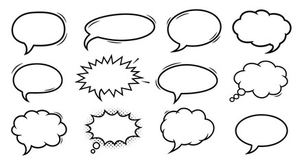 Fototapeta premium Diverse set of comic book speech bubbles with various outlines including clouds and jagged shapes are presented on a white background.