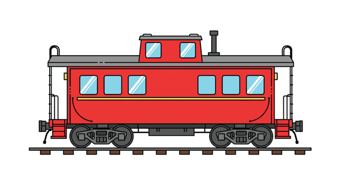 Classic red railway caboose train car is shown in a side profile view resting on metal tracks against a clean and simple white background.