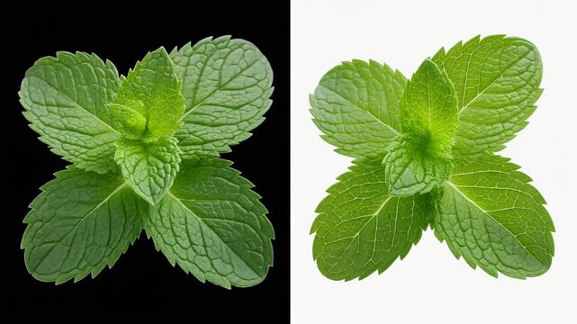 Fresh Mint Leaves on Black and White Backgrounds for Culinary and Refreshment Visuals