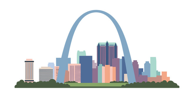 Silhouette of the St. Louis city skyline featuring the iconic Gateway Arch and various skyscrapers against a white background.