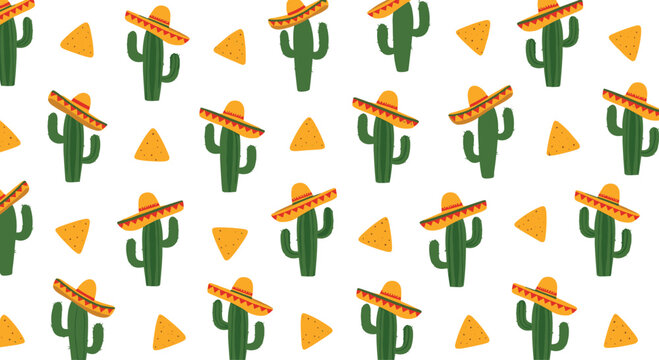 Fun seamless pattern featuring green cacti wearing Mexican sombreros and triangular nacho chips on a white background.