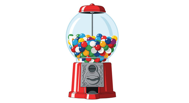 Classic red gumball machine with a glass globe filled with colorful round candies on a white background.