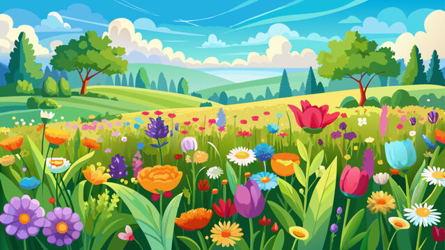 Very beautiful vibrant spring meadow filled with diverse wildflowers in full bloom beneath a bright sky, showcasing natural beauty, seasonal growth, and a colorful landscape bursting with life and ene
