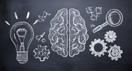Chalkboard-style illustration depicting a brain, lightbulb, gears, puzzle pieces, and a magnifying glass for concepts