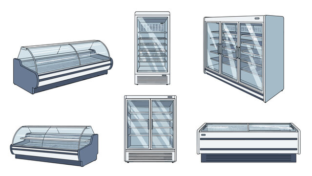 Range of commercial refrigeration display cases and glass fronted coolers used for food storage in grocery supermarkets.
