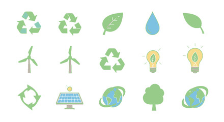 Sustainable living icons featuring eco-friendly symbols and renewable energy.
