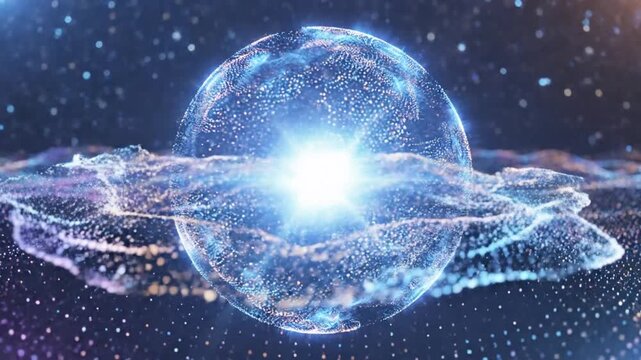 Cinematic digital nebula of luminous particle dots representing complex machine learning algorithm and advanced big data analysis process in a slow motion abstract technological visualization.