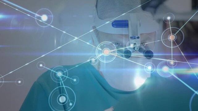 Animation of network of connections over caucasian surgeons during surgery
