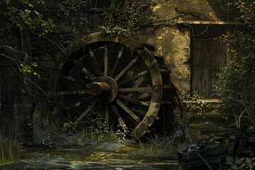 Fototapeta premium Wooden water wheel of an old abandoned mill in a dark and mysterious forest setting, creating a captivating scene of forgotten industry