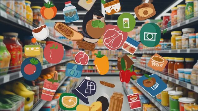Food Shopping Experience: A Grocery Store Aisle Featuring Diverse Food Icons Animation