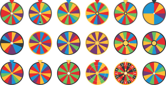 Colorful Roulette Wheel Icon Set With Spinning Casino Gambling Game Variations Flat Vector Illustration