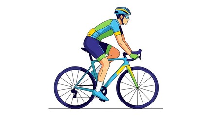 Obraz premium Cyclist in colorful racing attire riding a road bike, showing speed, sport, fitness, and the joy of cycling on a white background.