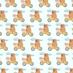 Obraz premium Cute Summer Capybara Seamless Pattern, Watercolor Beach Animal Background