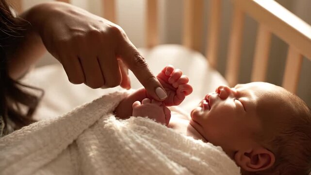 Cinematic vertical close up of a tiny newborn infant hand gently grasping a parent finger, capturing tender connection, love, and childhood innocence in detailed high definition slow motion.