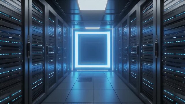 A perspective of a data center corridor with server racks on both sides, leading toward a glowing rectangular portal