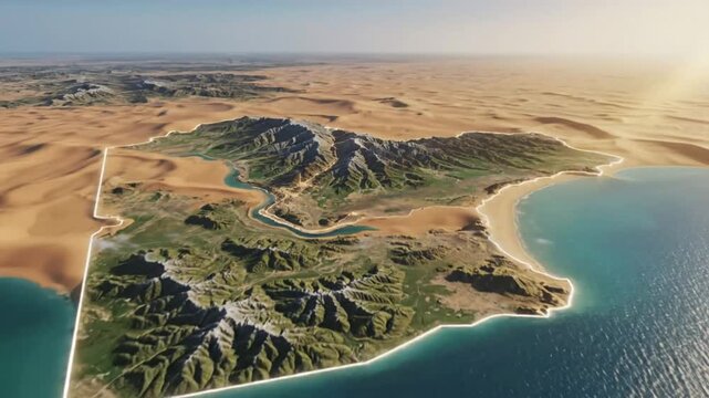 Aerial view of a mountain landscape with glowing golden lines, showing a geographical concept with a border