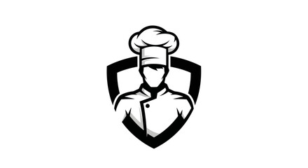 Obraz premium Chef silhouette in chef hat and uniform inside shield emblem