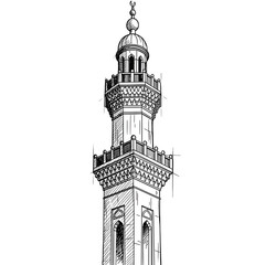 Obraz premium Tall Black and White Illustration of a Traditional Minaret Tower