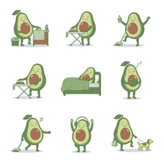 Fototapeta premium Avocado character daily life activities collection with ironing cleaning sleeping reading listening to music and walking the dog vector illustration