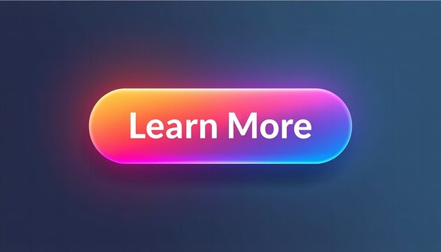 A vibrant gradient button with a learn more call to action on a dark blue background