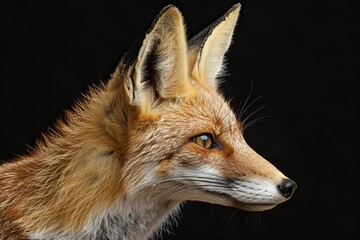 Fototapeta premium Studio portrait of a red fox looking to the right of the frame, isolated on a black background