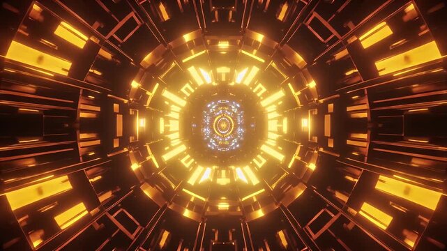 A perspective view of a cylindrical structure glowing with warm, orange light. The geometric design focuses the eye