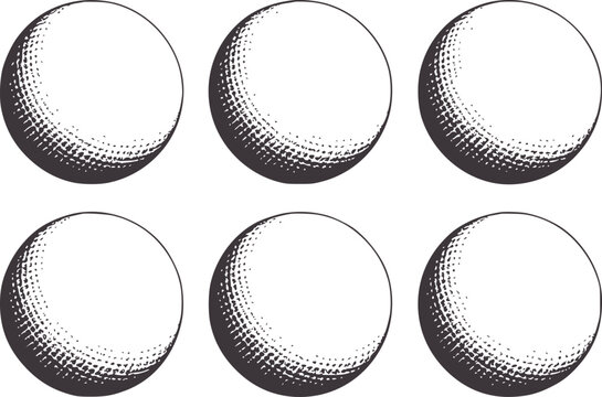 Six grey spheres with stippled shading circle
