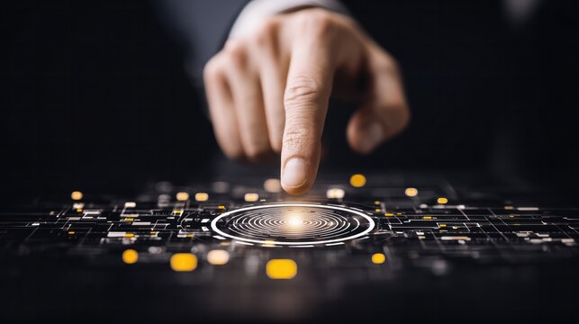 Futuristic digital touch interface concept. Businessman finger tapping glowing button with golden data particles. FinTech innovation, smart connection, and premium technology background