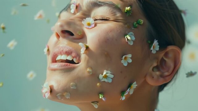 4K cinematic surreal stock video, extreme realism close-up human face natural skin texture calm expression, tiny flower buds organically emerge skin pores bloom face living floral pattern soft natural