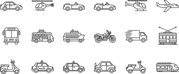    Black and White Transportation Icons Featuring Cars, Airplanes, Scooters, Buses, Ships, and Emergency or Public Vehicles © MstParvin