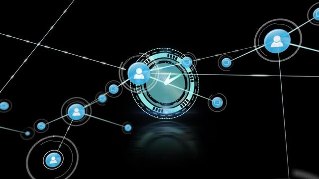 Animation of network of connections with icons over clock