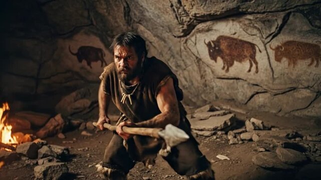 Primeval Caveman Hunting With A Spear In A Prehistoric Cave