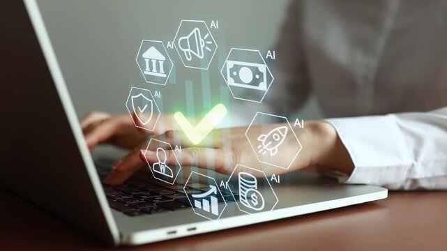 Focus on technology with laptop used for digital tasks and artificial intelligence icons in work setting.