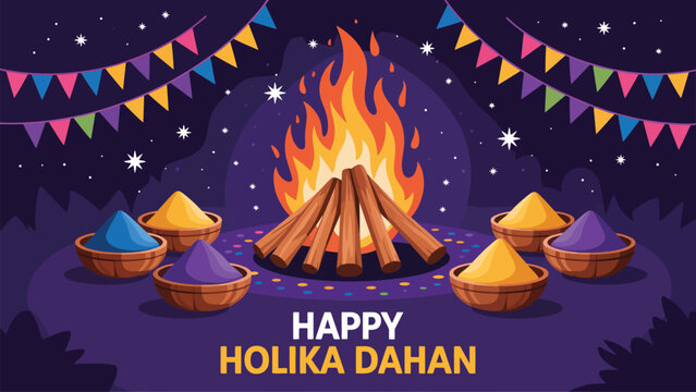 Happy holika dahan hindu festival illustration with traditional bonfire, colorful gulal bowls and festive decorations celebrating pre holi ritual on night background