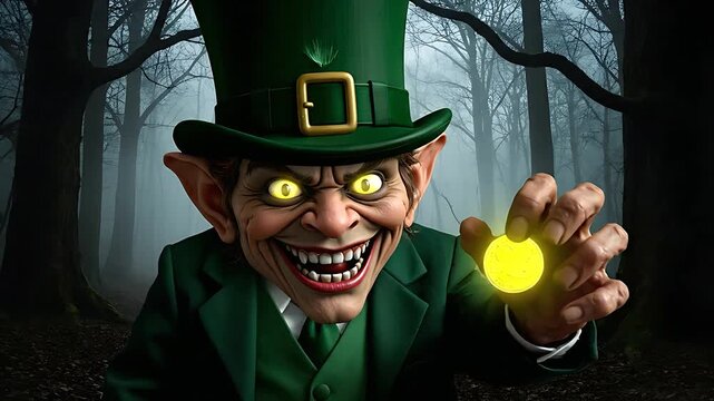 Sinister, grinning leprechaun figure wearing a tall green top hat and green suit presenting a glowing golden coin with evil illuminated yellow eyes.