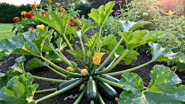 Lush Zucchini Plants Blooming in the Garden: A vibrant vegetable patch scene