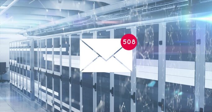 Animation of live count on envelope with geometric shape and lens flare over server room