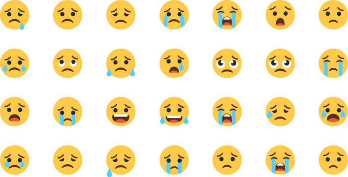 Crying and sad emoji faces set showing different emotions tears and expressions flat vector illustration