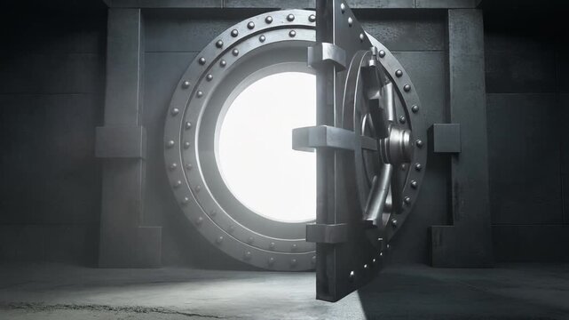 Colossal weathered steel vault door ajar in a dim industrial room with dramatic low-angle perspective