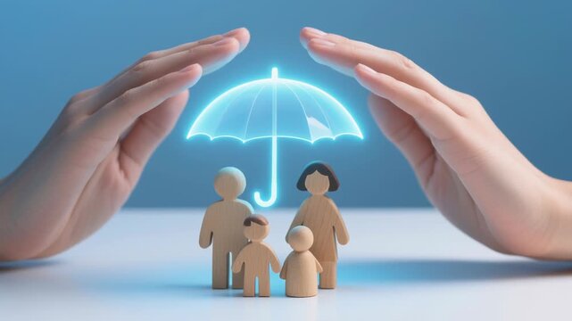 Digital health insurance policy providing family life financial protection with online service for risk management ensuring safety security care under glowing umbrella shield guarded by hands