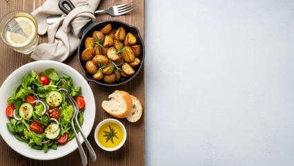 Rustic Roasted Potatoes and Fresh Salad Served with Bread and Olive Oil